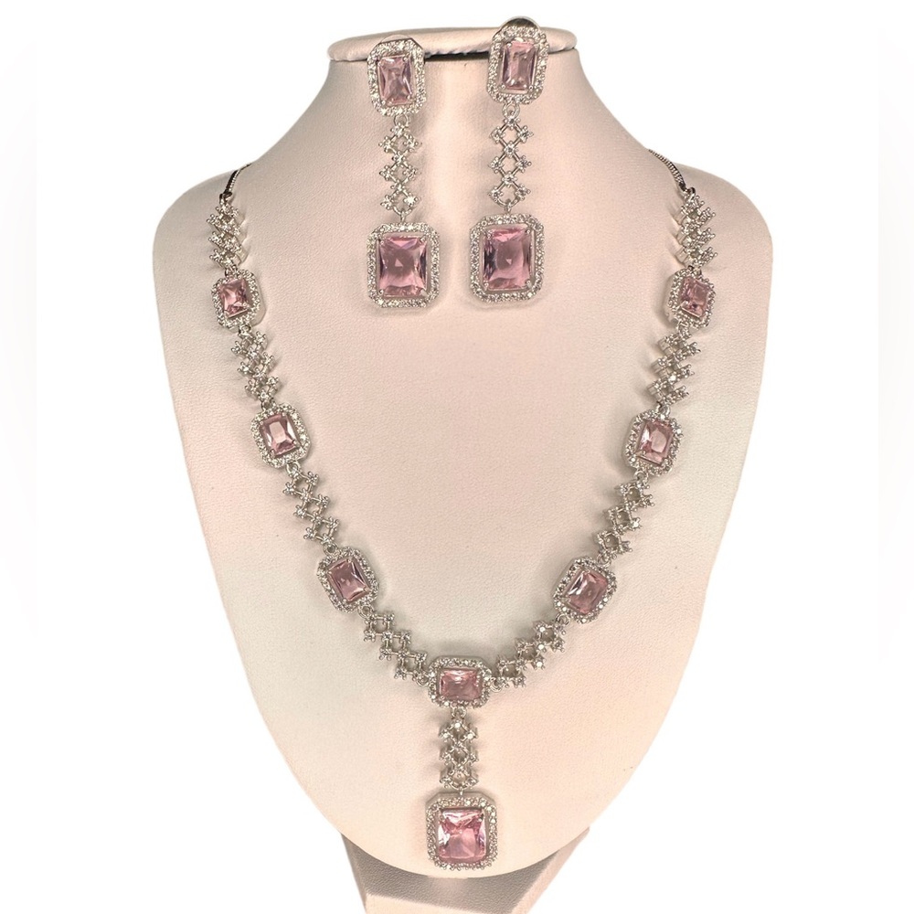 Vintage Pink Square Crystal American Diamonds Necklace, Silver Polish Titanium